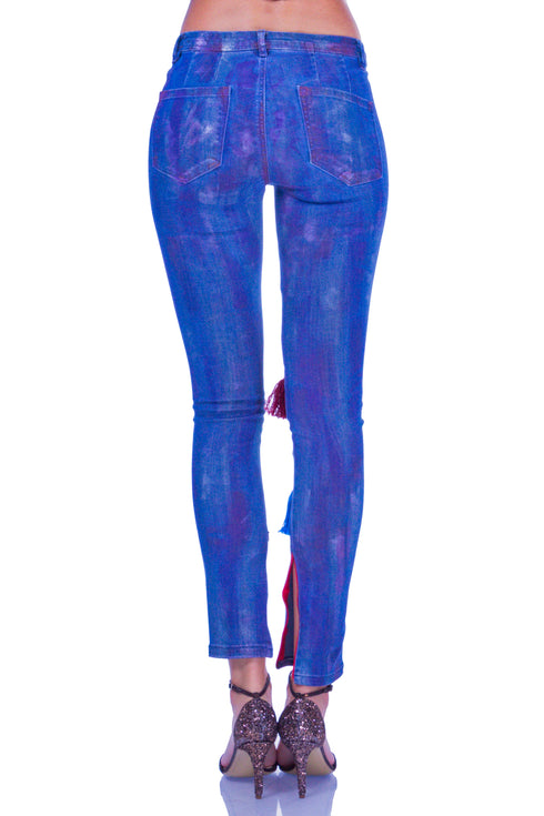 Pantalon denim cu broderie I-77